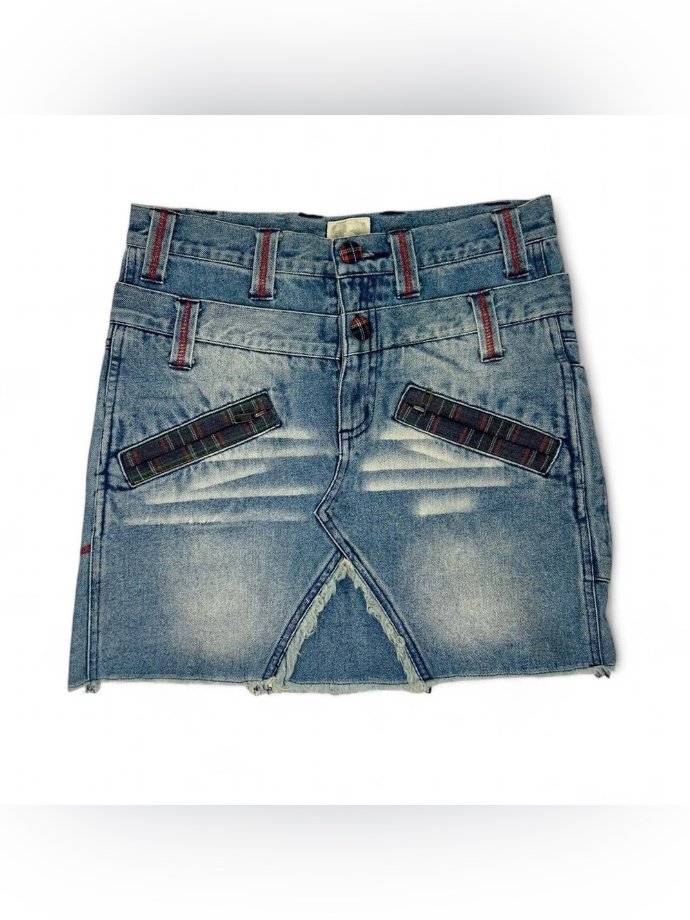 Y2K Denim Mini Skirt with Plaid Accent